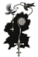 Cross with hands and a rosary. Above is a dove. Background with shadows. tattoo design idea
