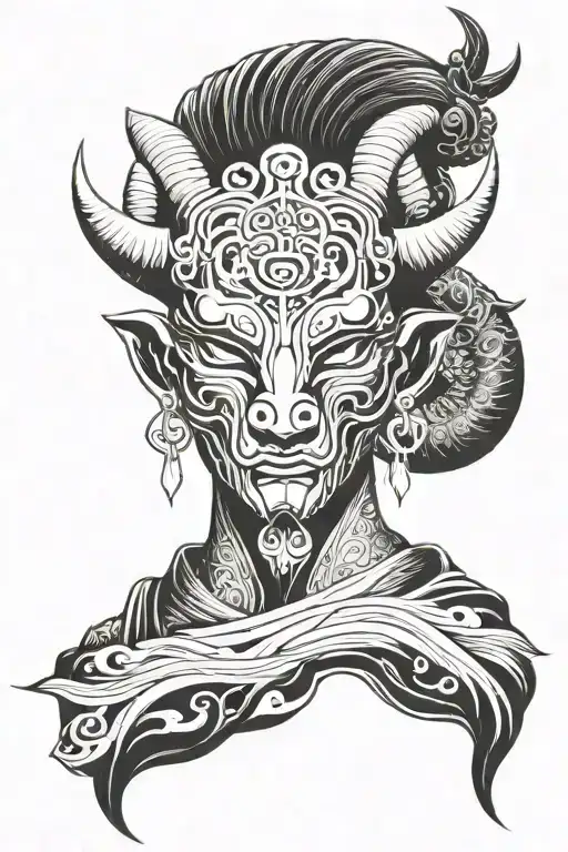 aries, number seven, japanese hanya Mask tattoo design idea
