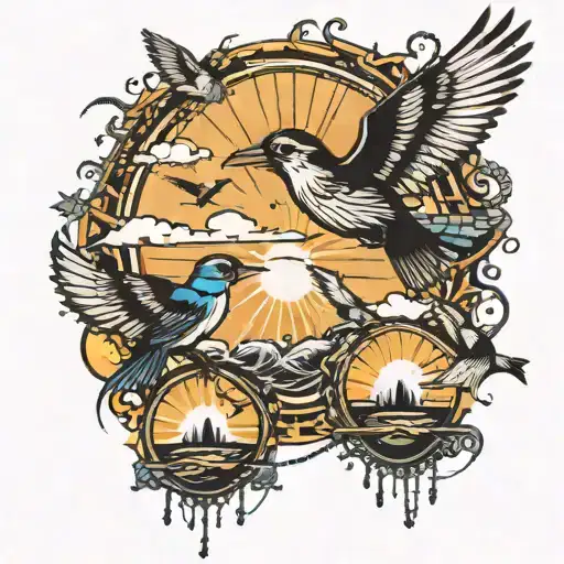 birds flying after breaking from chains flying toward the sun shining with bright rays and the ocean below tattoo design idea