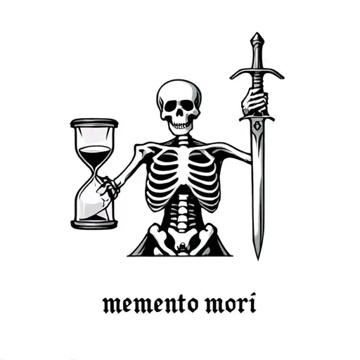 skeleton holding a sword in its right hand, and hourglass in its left hand. with the words memento mori underneath it tattoo design idea