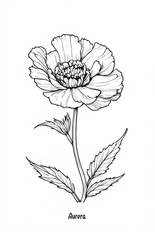 fine line carnation flower with stem and cursive name aurora tattoo design idea