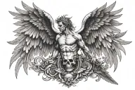 Fall of Icarus with one angel wing and one demon wing with bones at the bottom  tattoo design idea
