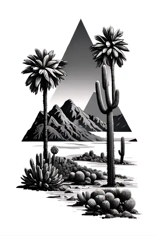 Palm springs mountains and 3 triangles and cactus and seqouia tree tattoo design idea