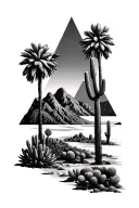 Palm springs mountains and 3 triangles and cactus and seqouia tree tattoo design idea