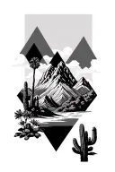 Palm springs mountains and 3 triangles and cactus and seqouia tree tattoo design idea