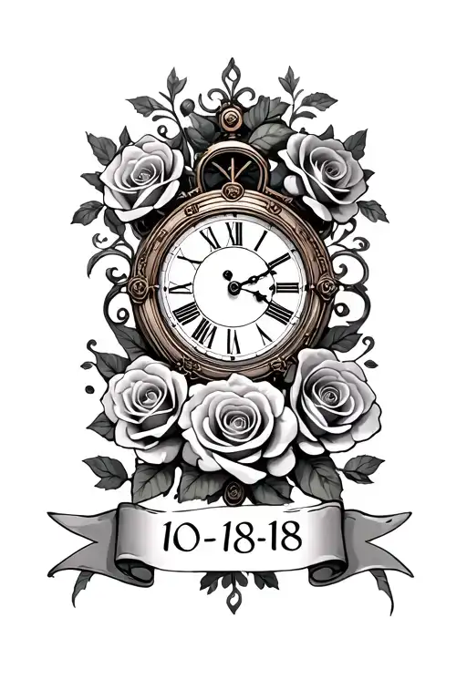 "10-18-18" steampunk clock face surrounded by roses and filigree. No leaves with banner underneath.  tattoo design idea