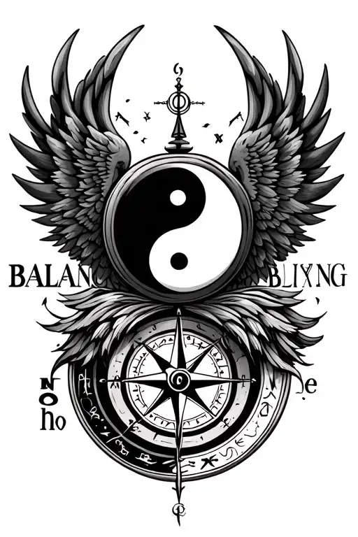 "BALANCE " Give some picture suggestions for tattoo design that have yin Yang and wings and libra zodiac sign and compass all in on tattoo design idea