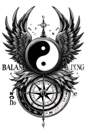"BALANCE " Give some picture suggestions for tattoo design that have yin Yang and wings and libra zodiac sign and compass all in on tattoo design idea