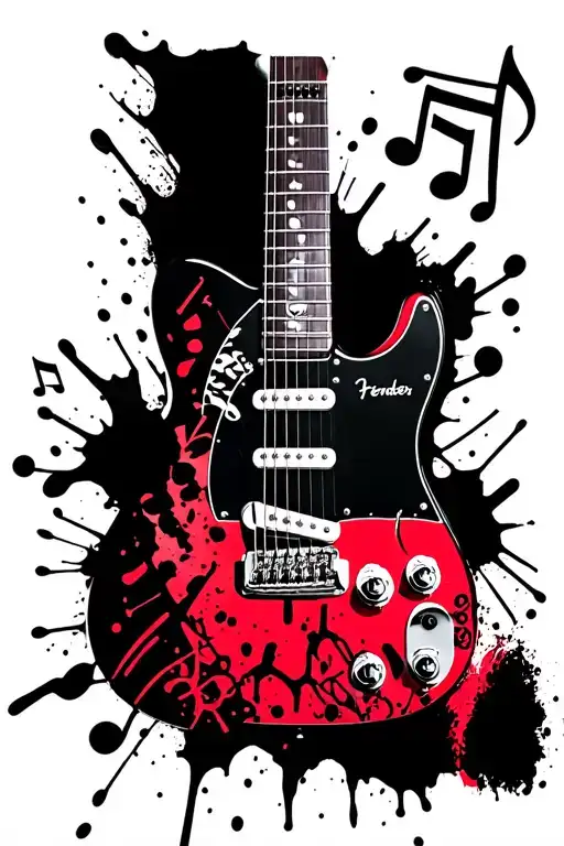 fender telecaster plus music notes tattoo design idea