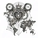 fingerprint heart with world map and navigation compass inside tattoo design idea
