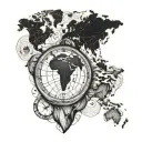 fingerprint heart with world map and navigation compass inside tattoo design idea