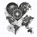 fingerprint heart with world map and navigation compass inside tattoo design idea