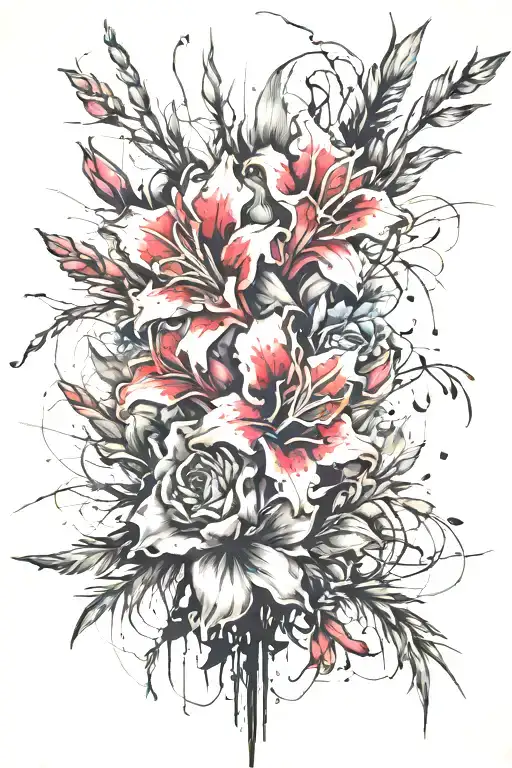 Create a back tattoo with red gladioli, red climbing roses, blue sage and in the middle place the phrase in Japanese "fa tattoo design idea