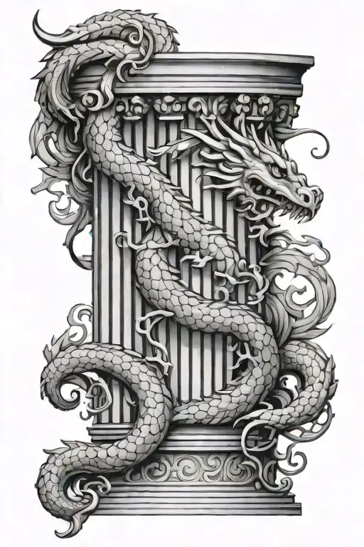 roman column with one dragon wrapped round tattoo design idea