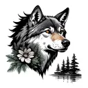 full moon wolf head river pine trees flowers tattoo design idea