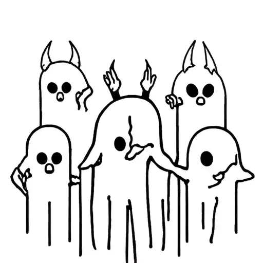 Minimal blackwork line art tattoo stencil, four ghost-like humanoids with pointy ears on top (waving/hand-on-chest), two tattoo design idea