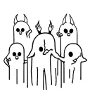 Minimal blackwork line art tattoo stencil, four ghost-like humanoids with pointy ears on top (waving/hand-on-chest), two tattoo design idea