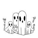 Minimal blackwork line art tattoo stencil, four ghost-like humanoids with pointy ears on top (waving/hand-on-chest), two tattoo design idea