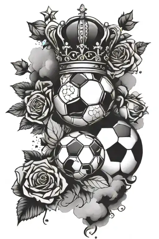 forearm sleeve tattoo of soccer ball with crown, theme of french american heritage flags and roses around, into clouds tattoo design idea