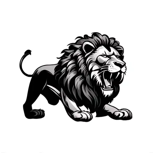 Roaring lion tattoo in black and gray realism, facing, strong shadows, intense eyes, detailed  tattoo design idea