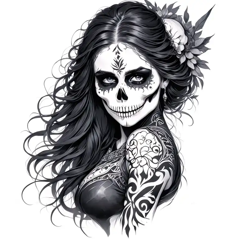 Main subject: Vitting of female from the front "warrior" make -up dead, "katarina celebration of the dead" hair: long hair s tattoo design idea