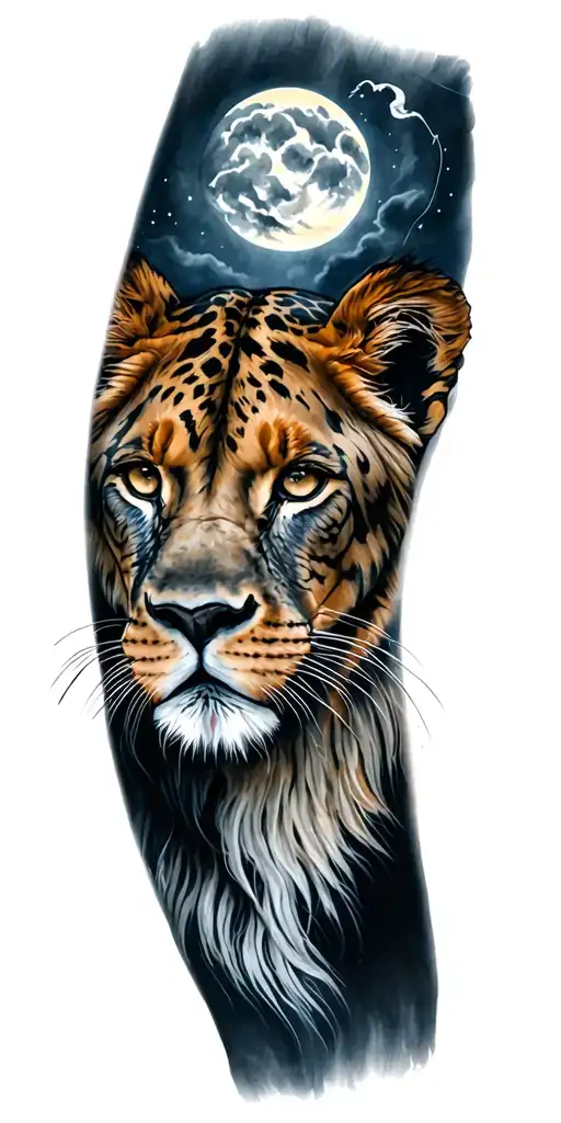 Nisha, Scorpio, India, Jungle, Lioness stormy night tattoo design idea