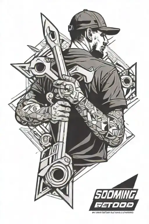 mechanic holding a wrench seen from behind with swooshes and abstract shapes around tattoo design idea