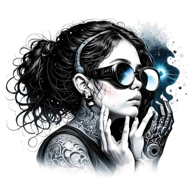 Girl in profile looking up with rave glases her hands on the glases looking up with a universe pouring out of the glases tattoo design idea