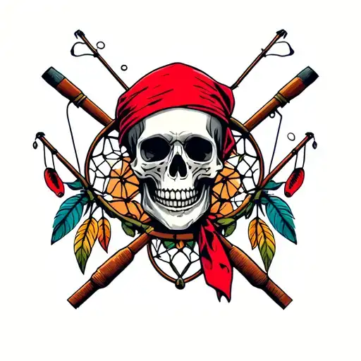 skull with red bandana with fishing poles and a dream catcher tattoo design idea
