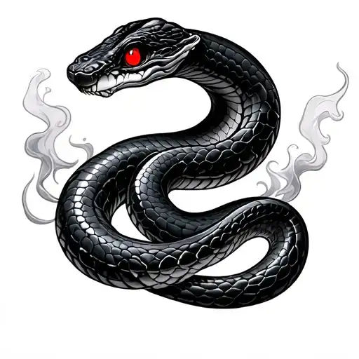 snake with red eyes and smoke in between the lines tattoo design idea