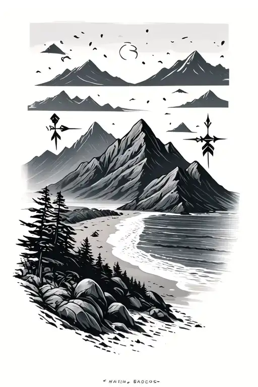 mountains and beaches with arrows tattoo design idea