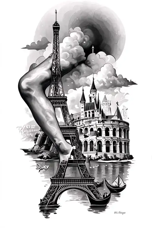 Full Leg sleeve tattoo with eiffel tower, colosseum, gondola, Disney castle and hollywood sign,  tattoo design idea