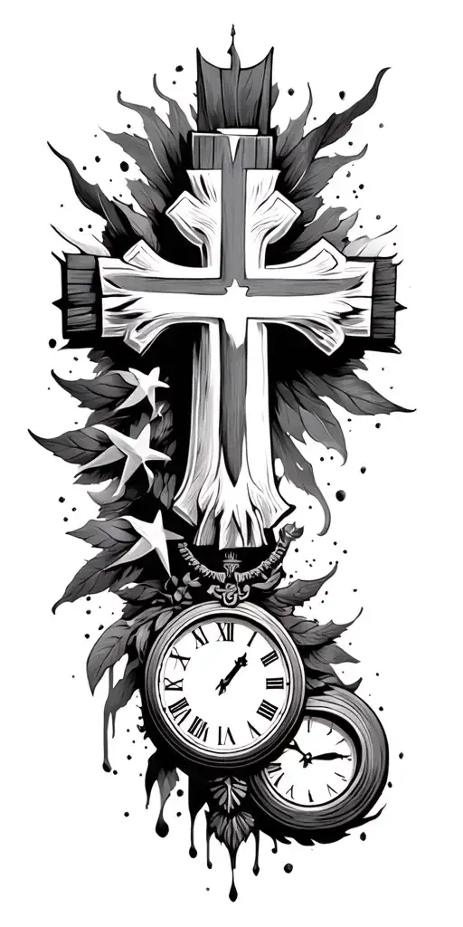 patriotic Christian Cross and clock tattoo design idea