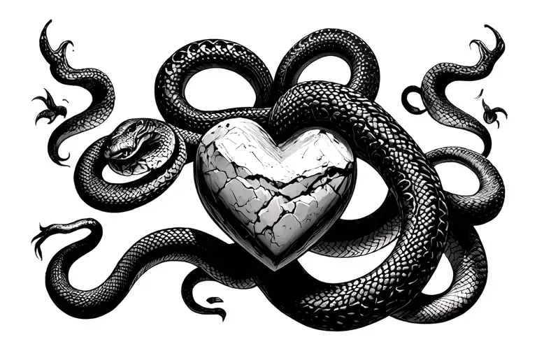 Draw a snake wrapping around my back and chest and squeezing a heart that has turned into stone, but the snake should be tattoo design idea