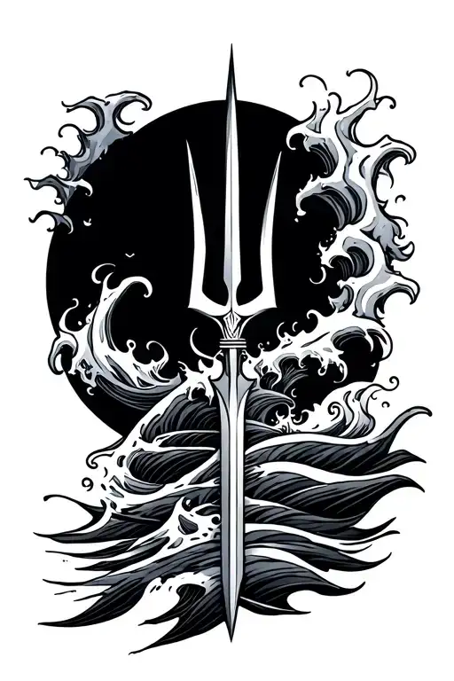 trident and waves tattoo design idea