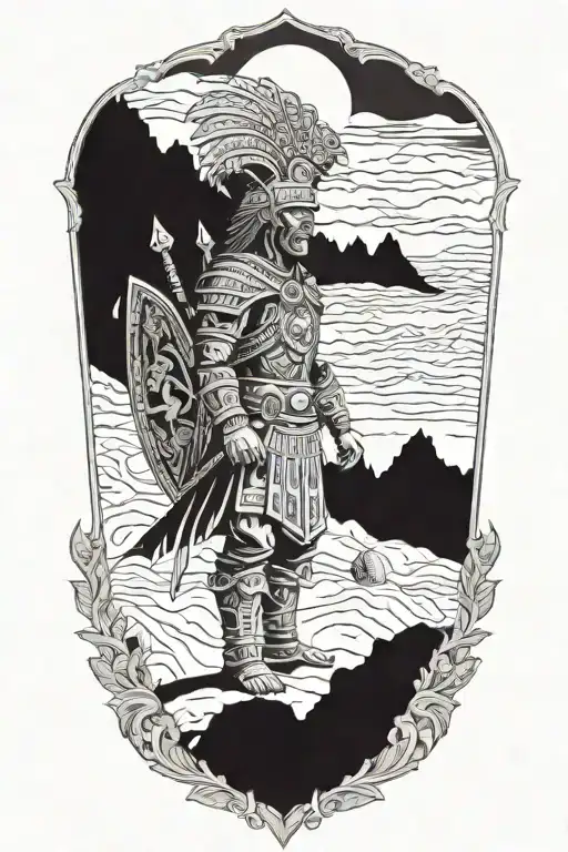 Historical Aztec warrior in a mountain landscape tattoo design idea