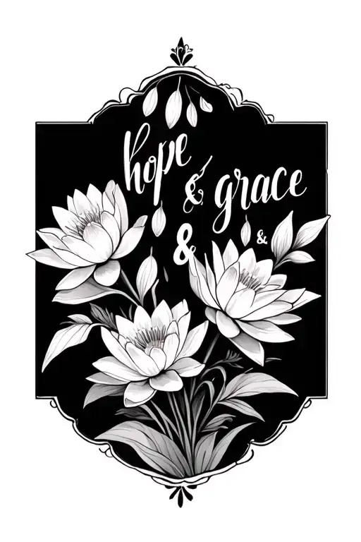 "hope & grace " carnations snowdrop larkspur water lilies tattoo design idea