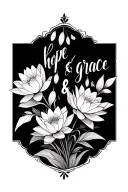 "hope & grace " carnations snowdrop larkspur water lilies tattoo design idea