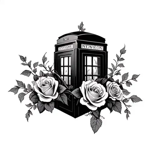 roses with vines wrapped around a london phone box with NGN on  tattoo design idea