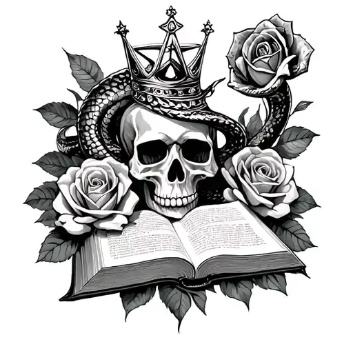 skull with crown. a snake. a book with a pentagram on it. and roses tattoo design idea