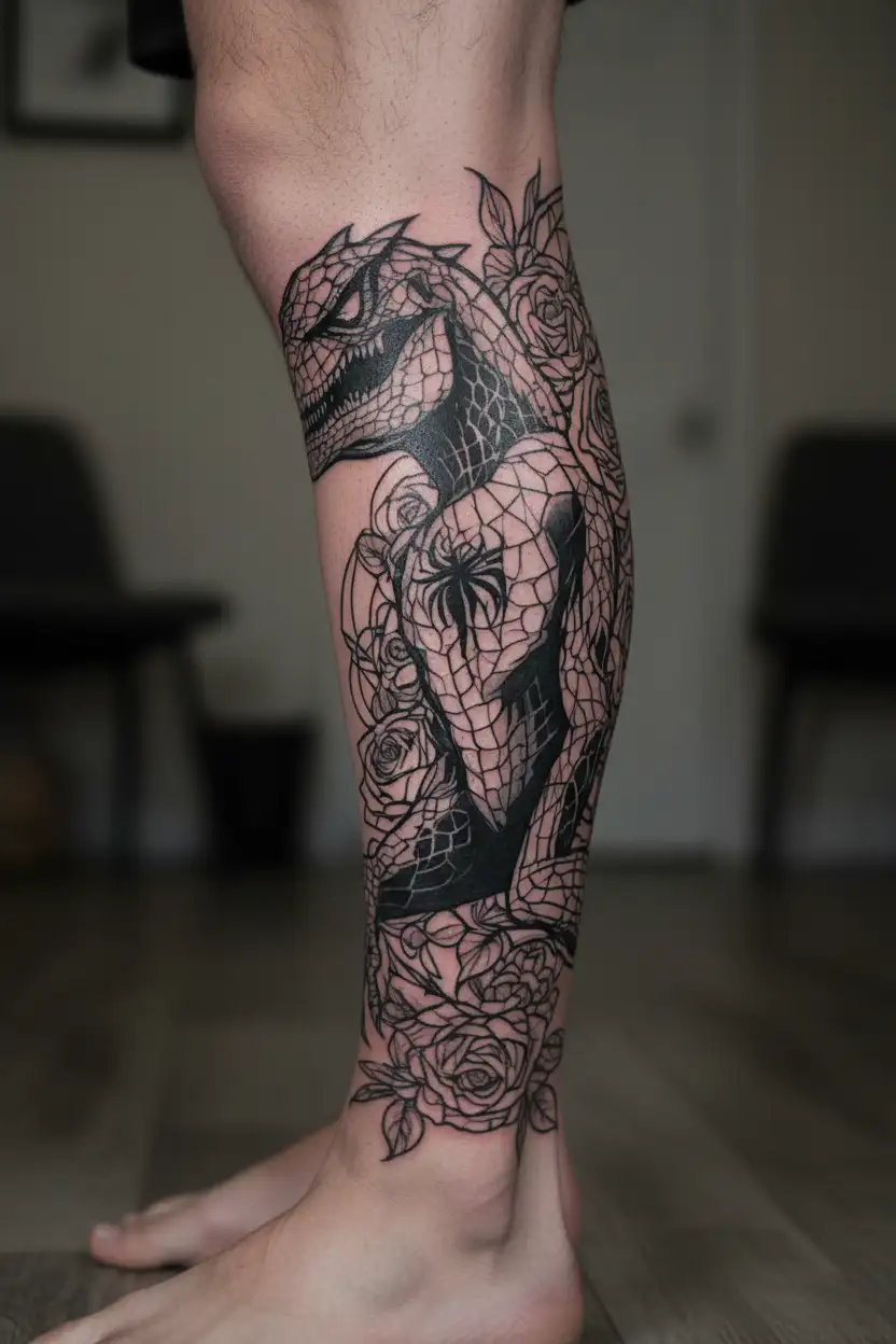 Roses, Spiderman, dinosaur, Country music theme arm sleeve tattoo design idea