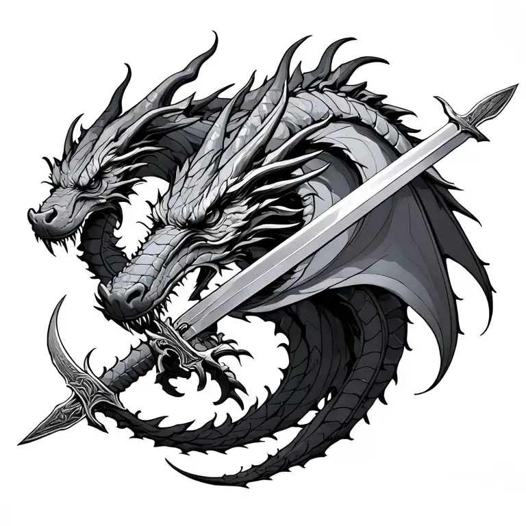 Dragons on the back with stuck swords tattoo design idea