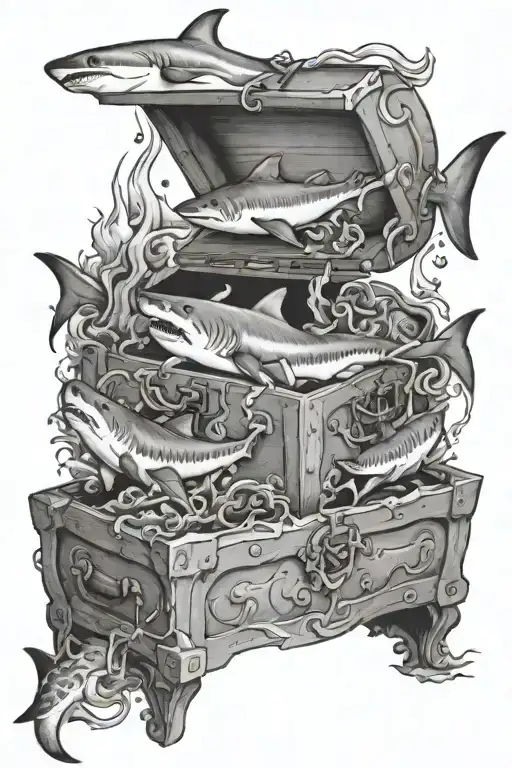 treasure chest and sharks tattoo design idea