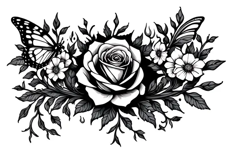 rose with vines and flowers surrounding with a butterfly and fire  tattoo design idea