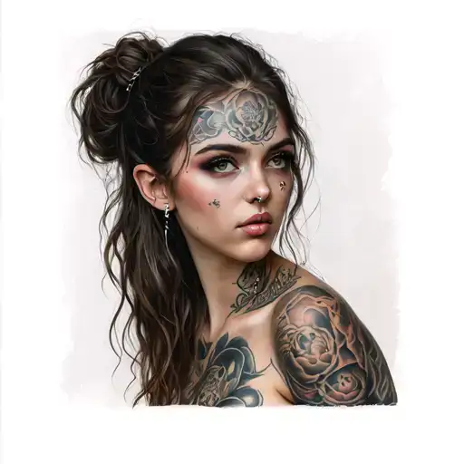 young woman with fake-hard-breasts with pierced-nipples tattoo design idea