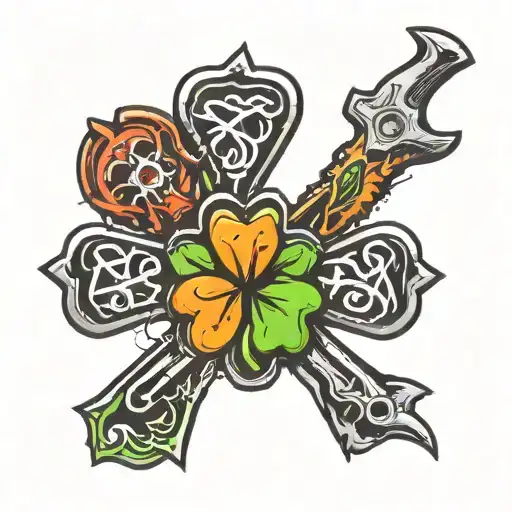 A clover-shaped tattoo incorporating various tools to symbolize the client's passion for their trade tattoo design idea