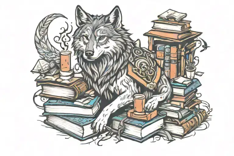 A mystical wolf with supernatural powers guarding a pile of books representing dark romance novels tattoo design idea