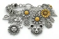 charm bracelet with sunflower charm, bear emoji charm, diamond ring charm, virgo sign  charm, cancer sign charm, crown  tattoo design idea
