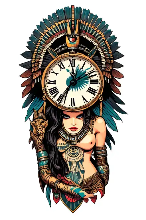 Aztec Warrior Girl With clock Technology With Egyptian God Anubis And Inka Symbolism And All Seing Eye Tattoo tattoo design idea