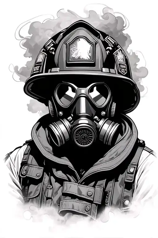 Realistic black and grey upper-body firefighter in turnout gear with gas mask, smoky background, fine-line detail.  tattoo design idea